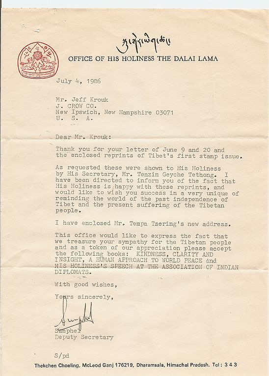 Letter from the Office of His Holiness The Dalia Lama regarding J.Crow's Tibet Stamp Reprints